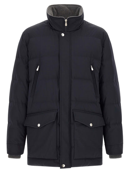 This Hooded Parka by Brunello Cucinelli for men in polyamide & goose-down dark-blue & silver presents a utilitarian silhouette, meticulously detailed with pockets, hooded & insulated and a utilitarian hooded high-neck neckline for a sophisticated, weather-ready look.