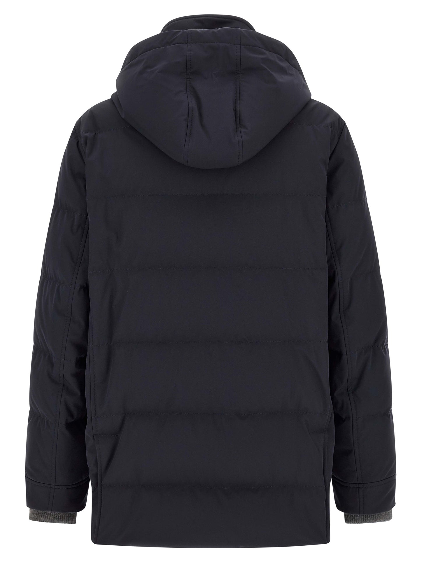 Hooded Parka by Brunello Cucinelli for men in polyamide & goose-down dark-blue & silver features an avant garde silhouette, showcasing refined pockets, hooded & insulated and a sophisticated hooded high-neck neckline for a polished look.