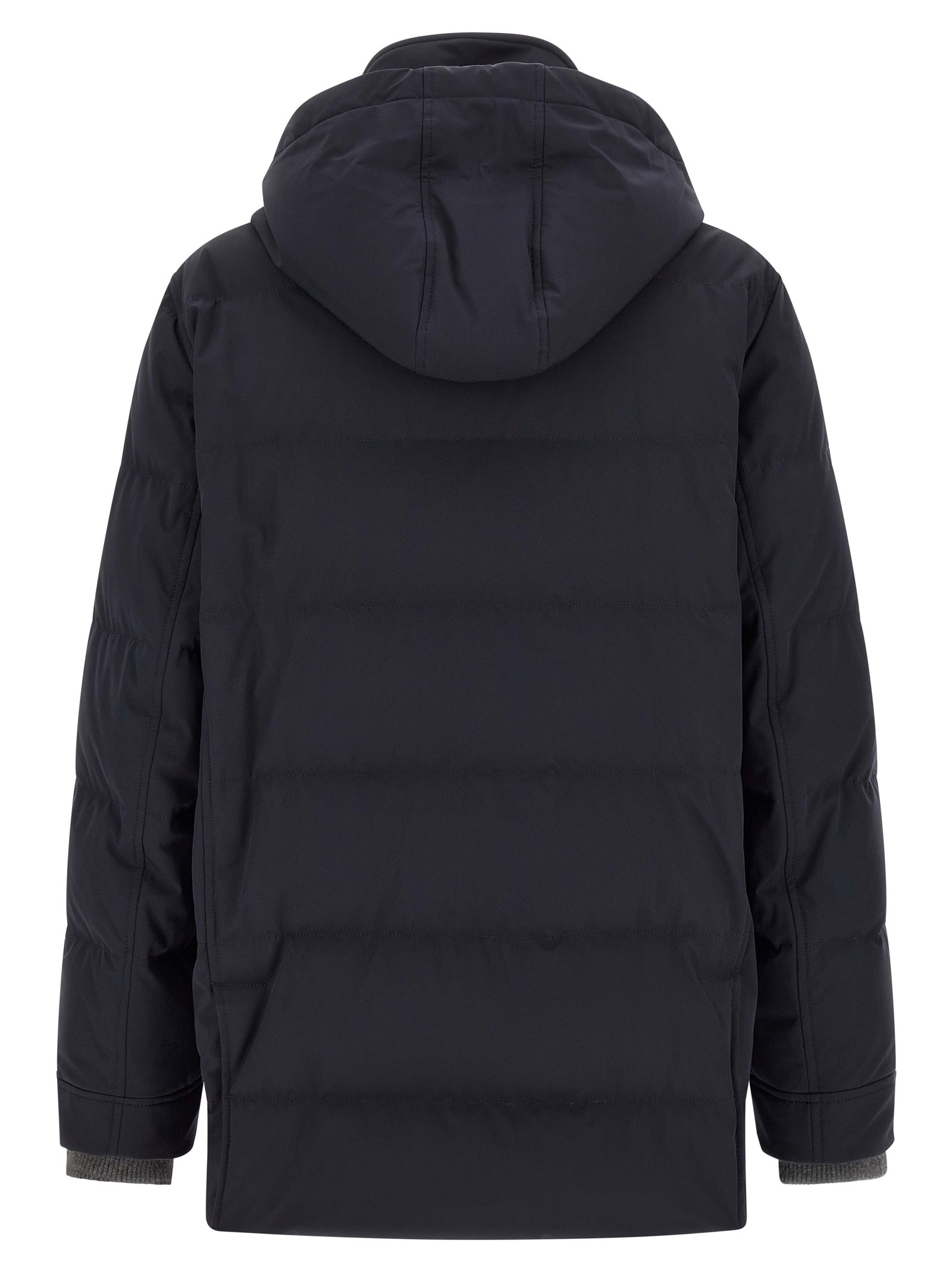 Hooded Parka by Brunello Cucinelli for men in polyamide & goose-down dark-blue & silver features an avant garde silhouette, showcasing refined pockets, hooded & insulated and a sophisticated hooded high-neck neckline for a polished look.