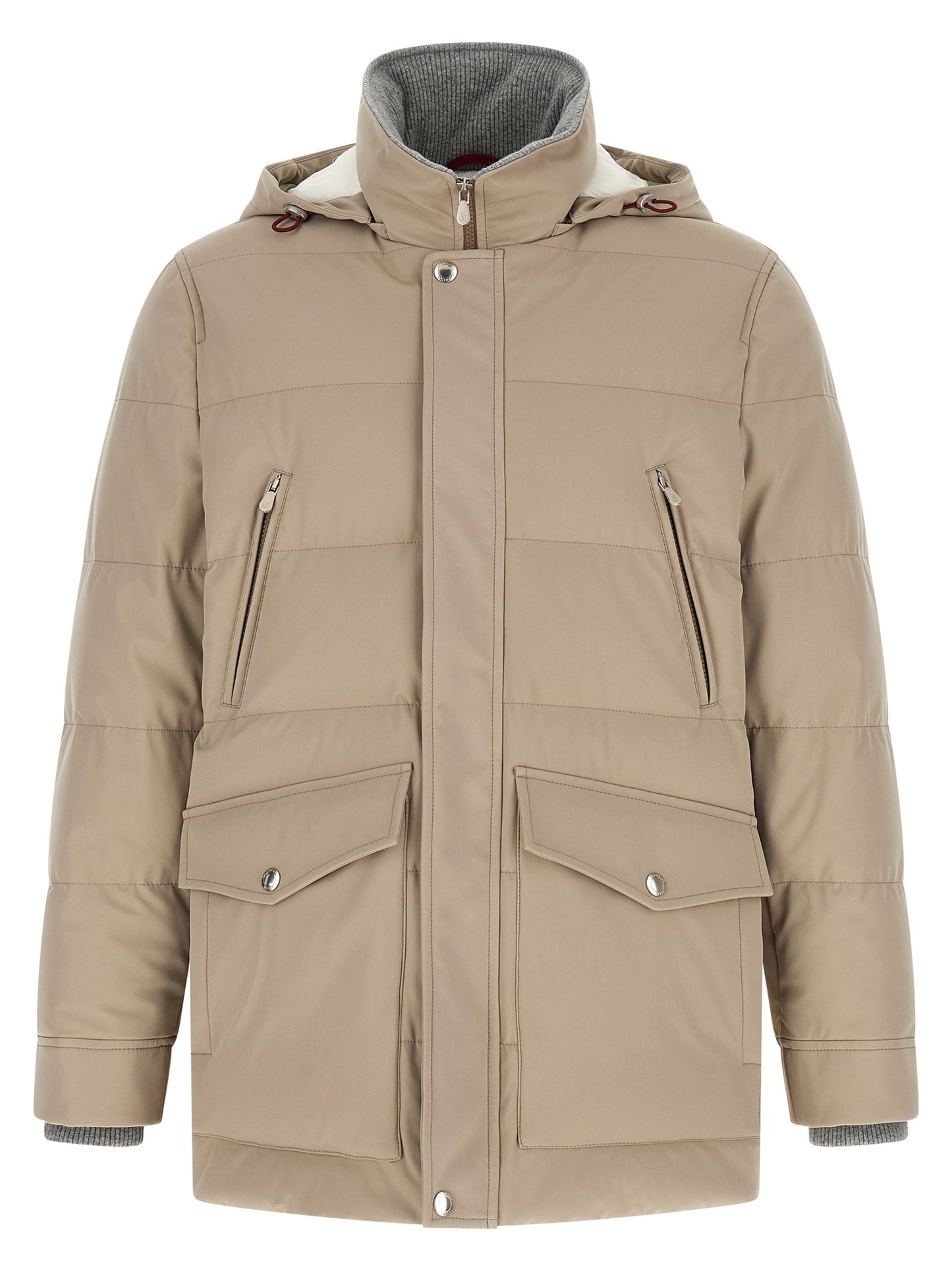 Hooded Parka by Brunello Cucinelli for men in polyamide beige, gray & silver features a modern silhouette, showcasing a sophisticated hooded high-neck neckline and premium pockets, hooded & insulated for a truly modern finish.