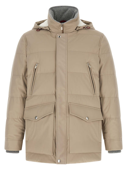 Hooded Parka by Brunello Cucinelli for men in polyamide beige, gray & silver features a modern silhouette, showcasing a sophisticated hooded high-neck neckline and premium pockets, hooded & insulated for a truly modern finish.