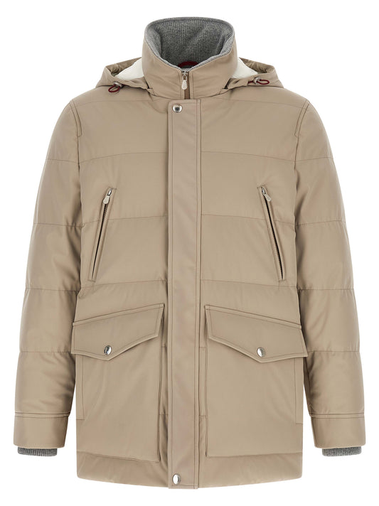 Hooded Parka by Brunello Cucinelli for men in polyamide beige, gray & silver features a modern silhouette, showcasing a sophisticated hooded high-neck neckline and premium pockets, hooded & insulated for a truly modern finish.