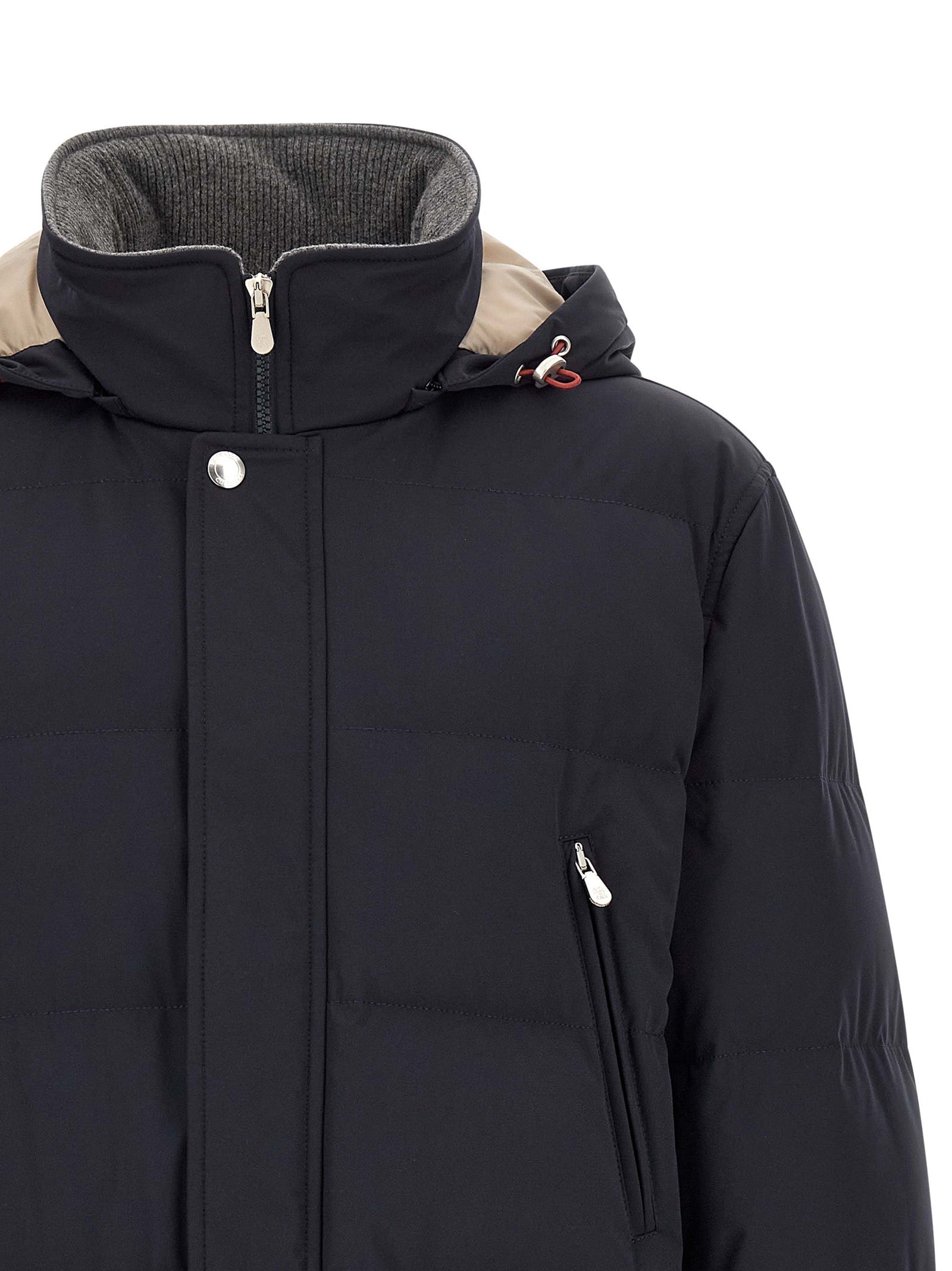 Hooded Parka by Brunello Cucinelli for men in polyamide & goose-down dark-blue & silver features an avant garde silhouette, showcasing refined pockets, hooded & insulated and a sophisticated hooded high-neck neckline for a polished look.