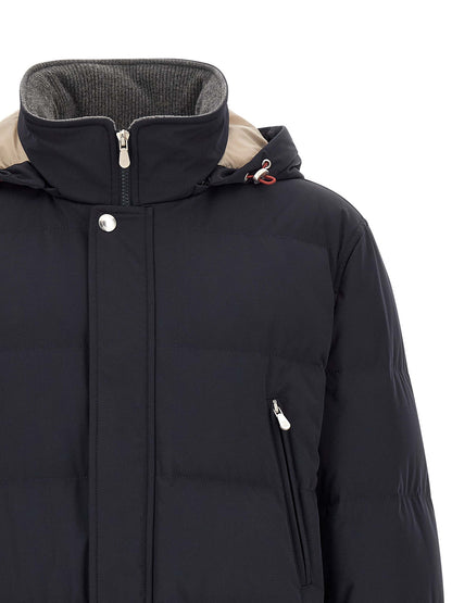 Hooded Parka by Brunello Cucinelli for men in polyamide & goose-down dark-blue & silver features an avant garde silhouette, showcasing refined pockets, hooded & insulated and a sophisticated hooded high-neck neckline for a polished look.