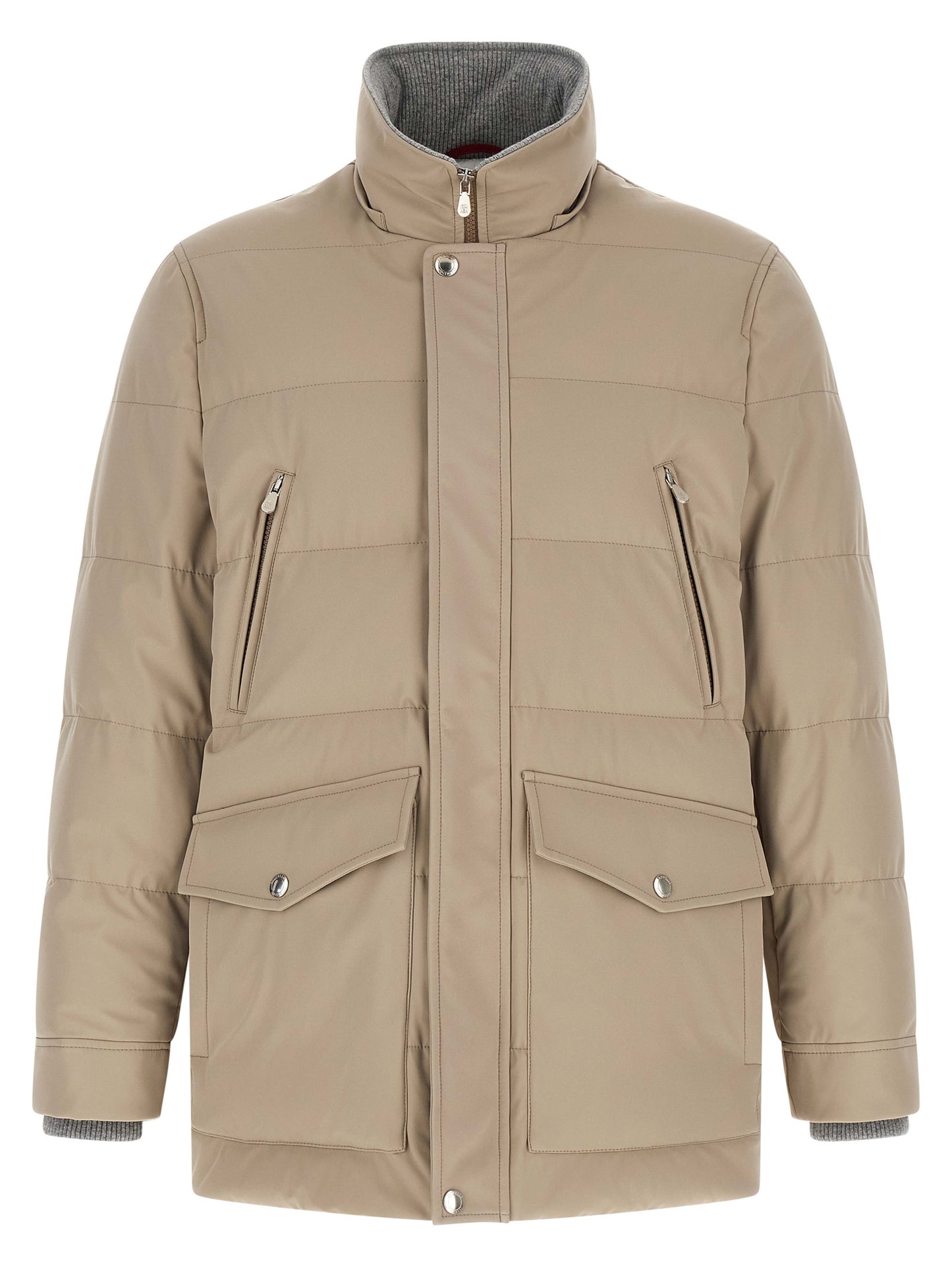 Hooded Parka by Brunello Cucinelli for men in polyamide beige, gray & silver features a modern silhouette, showcasing a sophisticated hooded high-neck neckline and premium pockets, hooded & insulated for a truly modern finish.