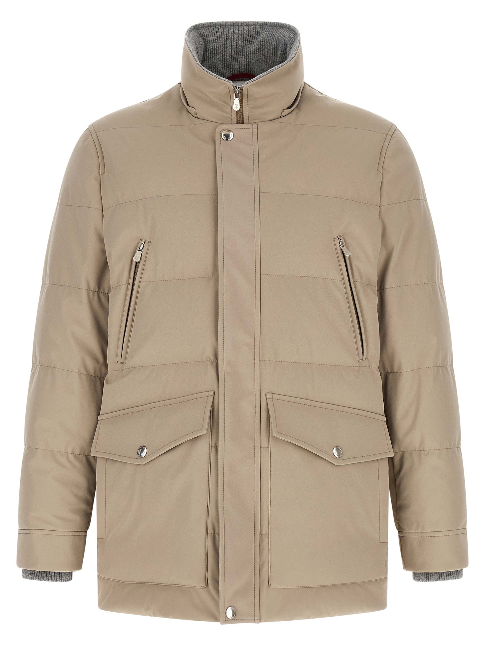 Hooded Parka by Brunello Cucinelli for men in polyamide beige, gray & silver features a modern silhouette, showcasing a sophisticated hooded high-neck neckline and premium pockets, hooded & insulated for a truly modern finish.
