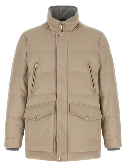 Hooded Parka by Brunello Cucinelli for men in polyamide beige, gray & silver features a modern silhouette, showcasing a sophisticated hooded high-neck neckline and premium pockets, hooded & insulated for a truly modern finish.
