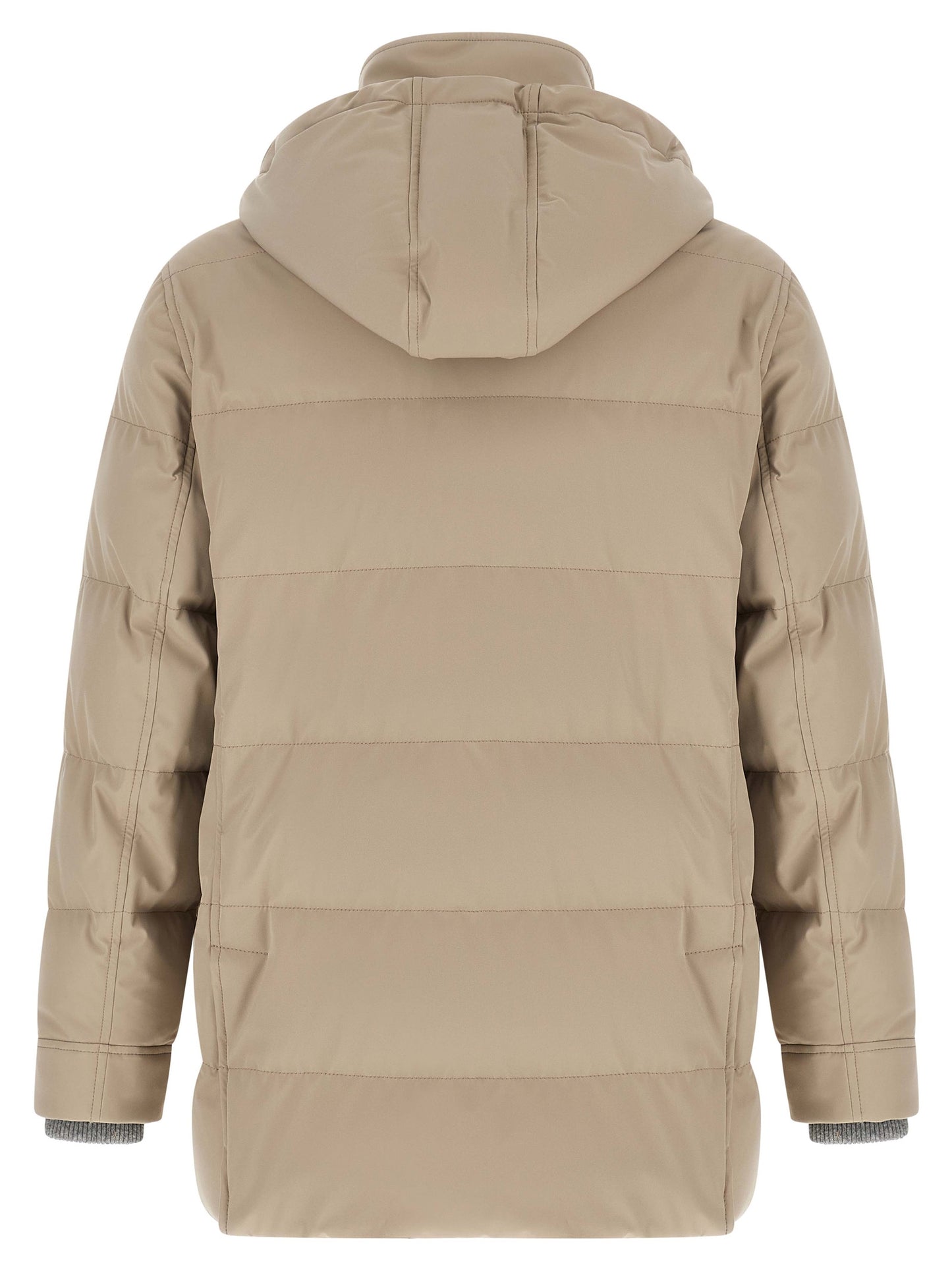 Hooded Parka by Brunello Cucinelli for men in polyamide beige, gray & silver, presenting a cosy silhouette with distinctive pockets, hooded & insulated and a refined hooded high-neck neckline.