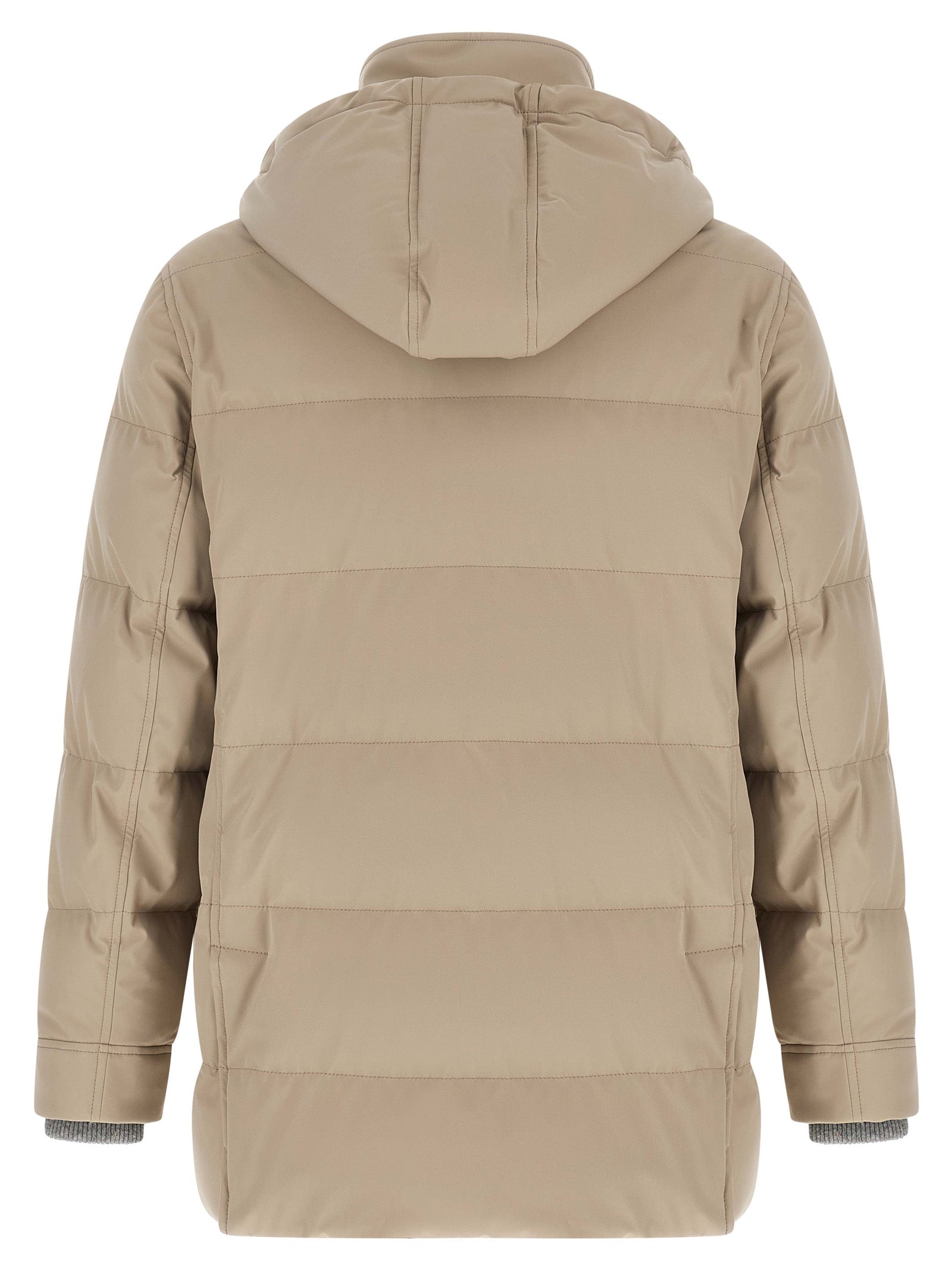 Hooded Parka by Brunello Cucinelli for men in polyamide beige, gray & silver, presenting a cosy silhouette with distinctive pockets, hooded & insulated and a refined hooded high-neck neckline.