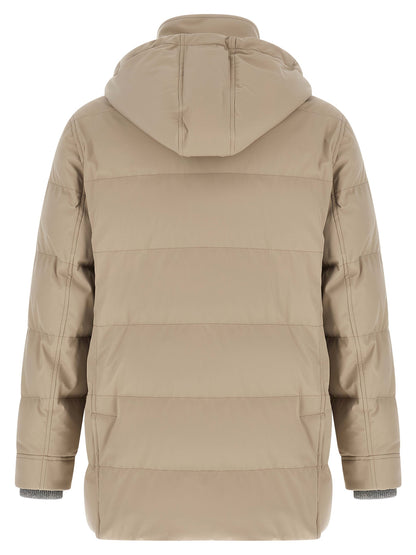 Hooded Parka by Brunello Cucinelli for men in polyamide beige, gray & silver, presenting a cosy silhouette with distinctive pockets, hooded & insulated and a refined hooded high-neck neckline.