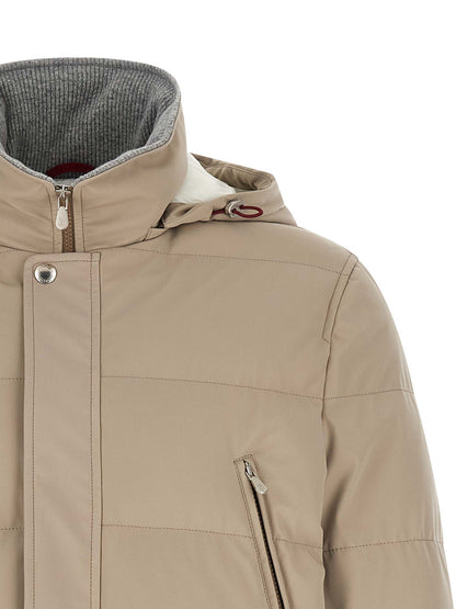 Hooded Parka by Brunello Cucinelli for men in polyamide beige, gray & silver features a stylish silhouette, meticulously detailed with a sophisticated hooded high-neck neckline and functional pockets, hooded & insulated for a stylish finish.