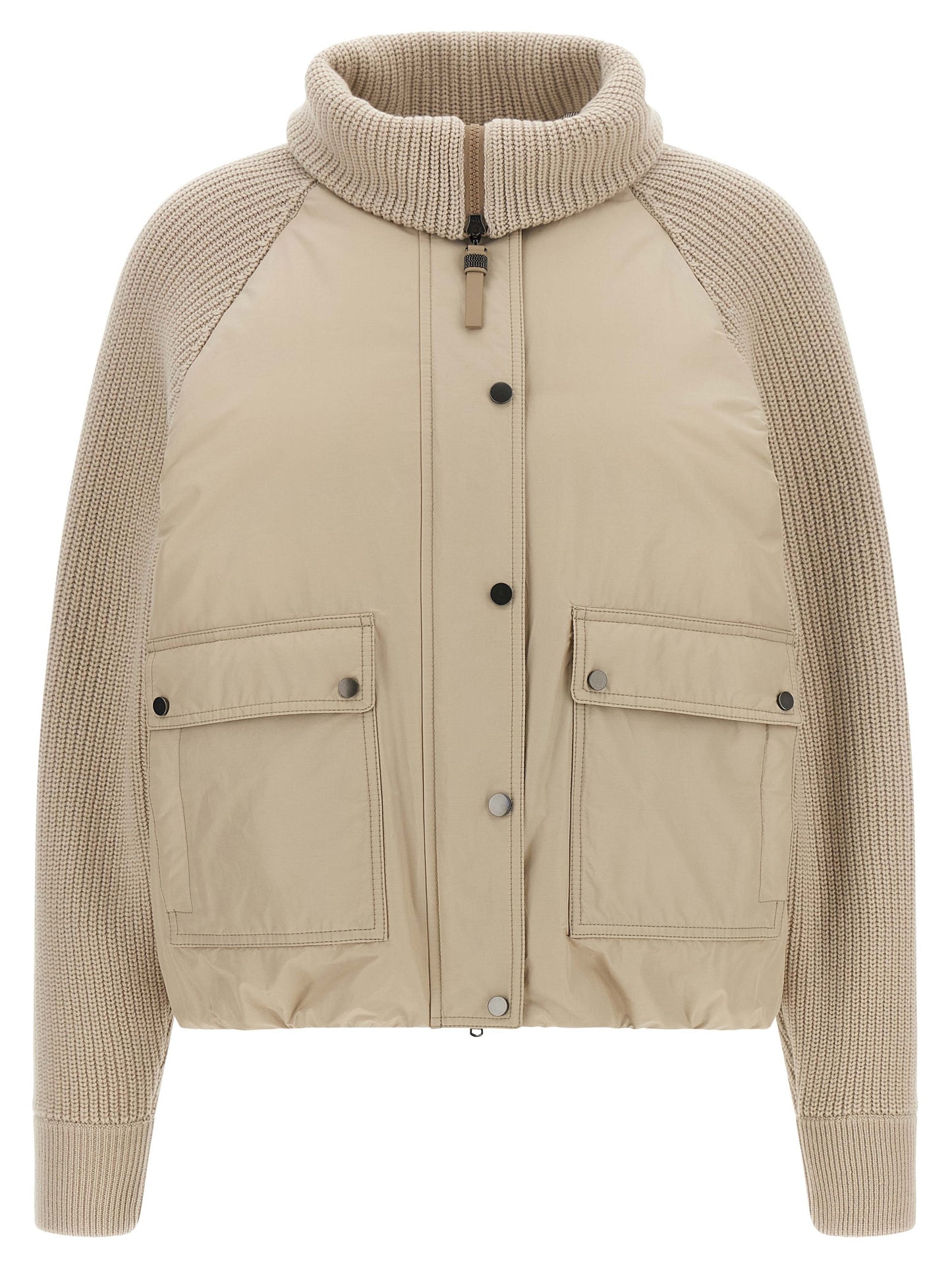 Puffer Jacket by Brunello Cucinelli for women in cotton canvas & leather beige features an on trend silhouette, showcasing refined pockets & insulated and a sophisticated for a truly on trend finish.