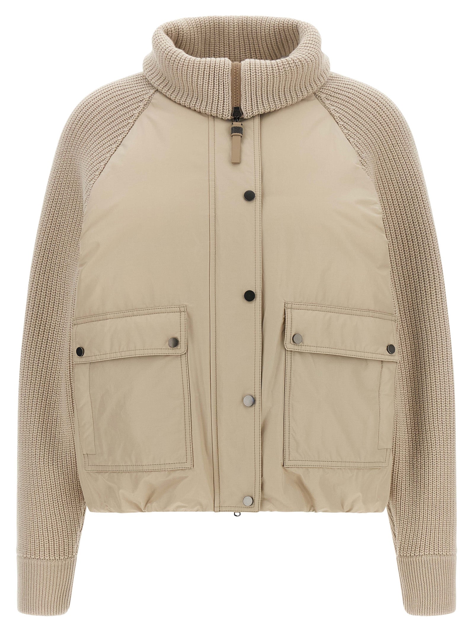 Puffer Jacket by Brunello Cucinelli for women in cotton canvas & leather beige features an on trend silhouette, showcasing refined pockets & insulated and a sophisticated for a truly on trend finish.