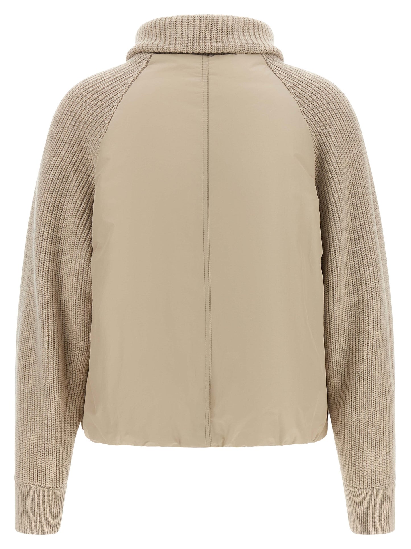 Puffer Jacket by Brunello Cucinelli for women in cotton canvas & leather beige showcases a bohemian silhouette, artfully detailed with a bohemian and signature pockets & insulated for a truly bohemian finish.