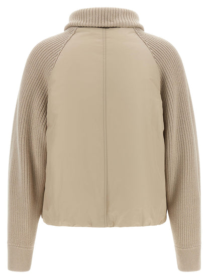 Puffer Jacket by Brunello Cucinelli for women in cotton canvas & leather beige showcases a bohemian silhouette, artfully detailed with a bohemian and signature pockets & insulated for a truly bohemian finish.
