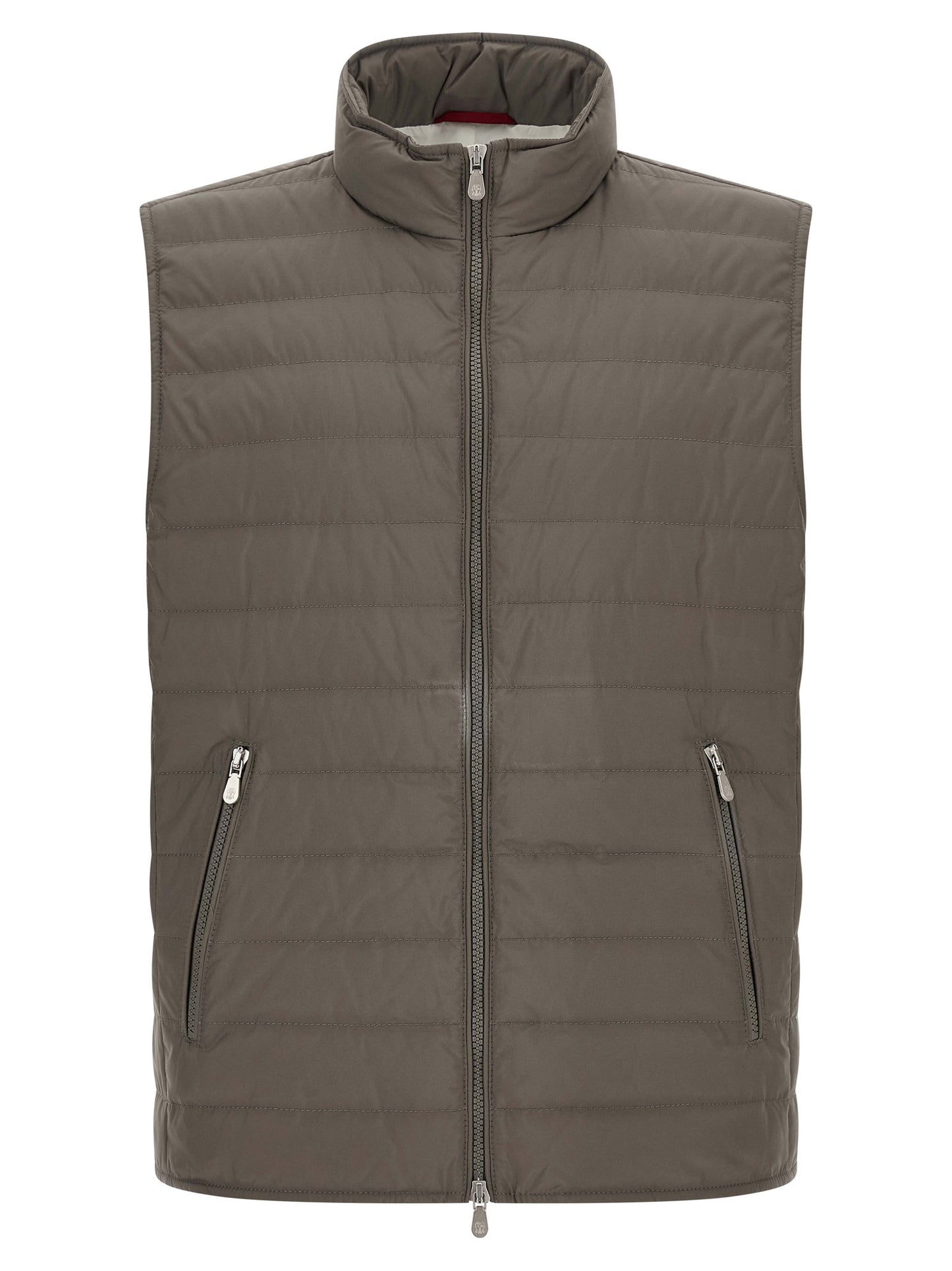 Vest by Brunello Cucinelli for men in polyester & goose-down bicolour, green & olive showcases a dynamic silhouette, perfectly balancing pockets & insulated with a dynamic for a sophisticated, high-fashion look.