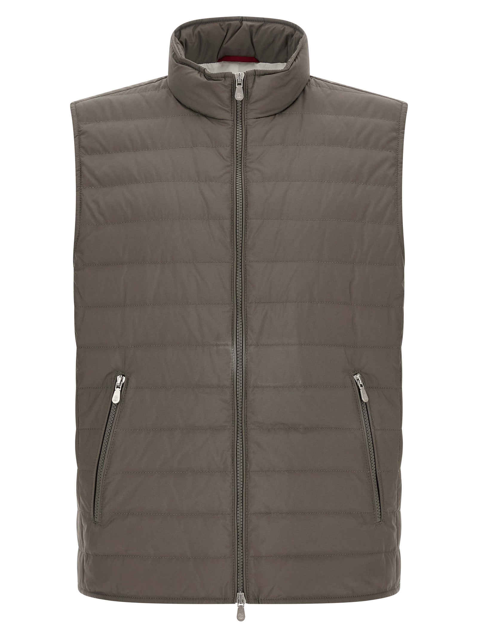 Vest by Brunello Cucinelli for men in polyester & goose-down bicolour, green & olive showcases a dynamic silhouette, perfectly balancing pockets & insulated with a dynamic for a sophisticated, high-fashion look.