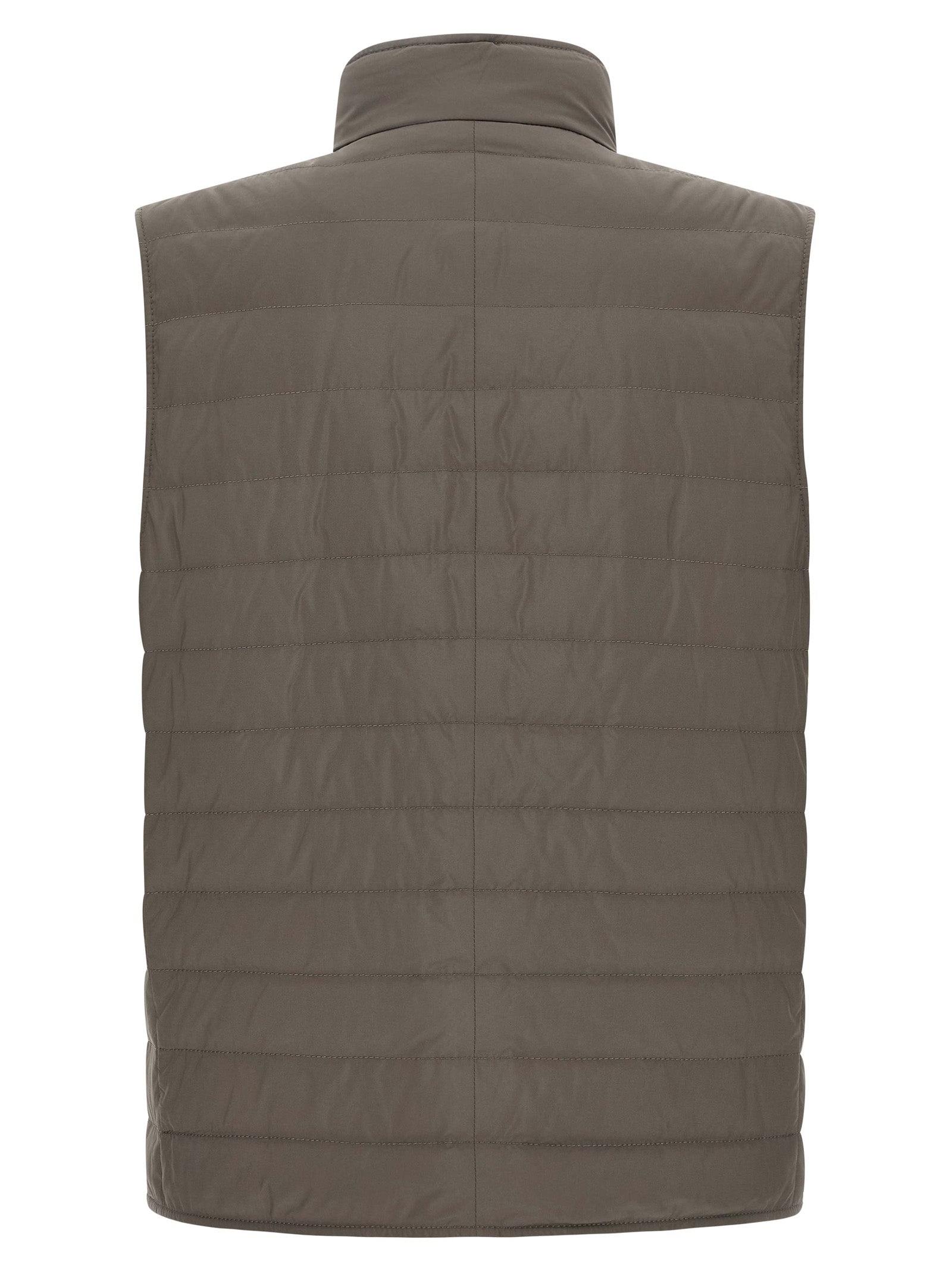 Vest by Brunello Cucinelli for men in polyester & goose-down bicolour, green & olive features an contemporary silhouette, showcasing refined pockets & insulated and a contemporary for a sophisticated layered look.