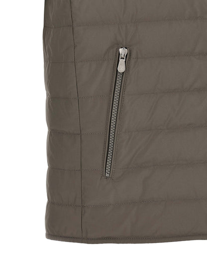 Vest by Brunello Cucinelli for men in polyester & goose-down bicolour, green & olive showcases a dynamic silhouette, perfectly balancing pockets & insulated with a dynamic for a sophisticated, high-fashion look.