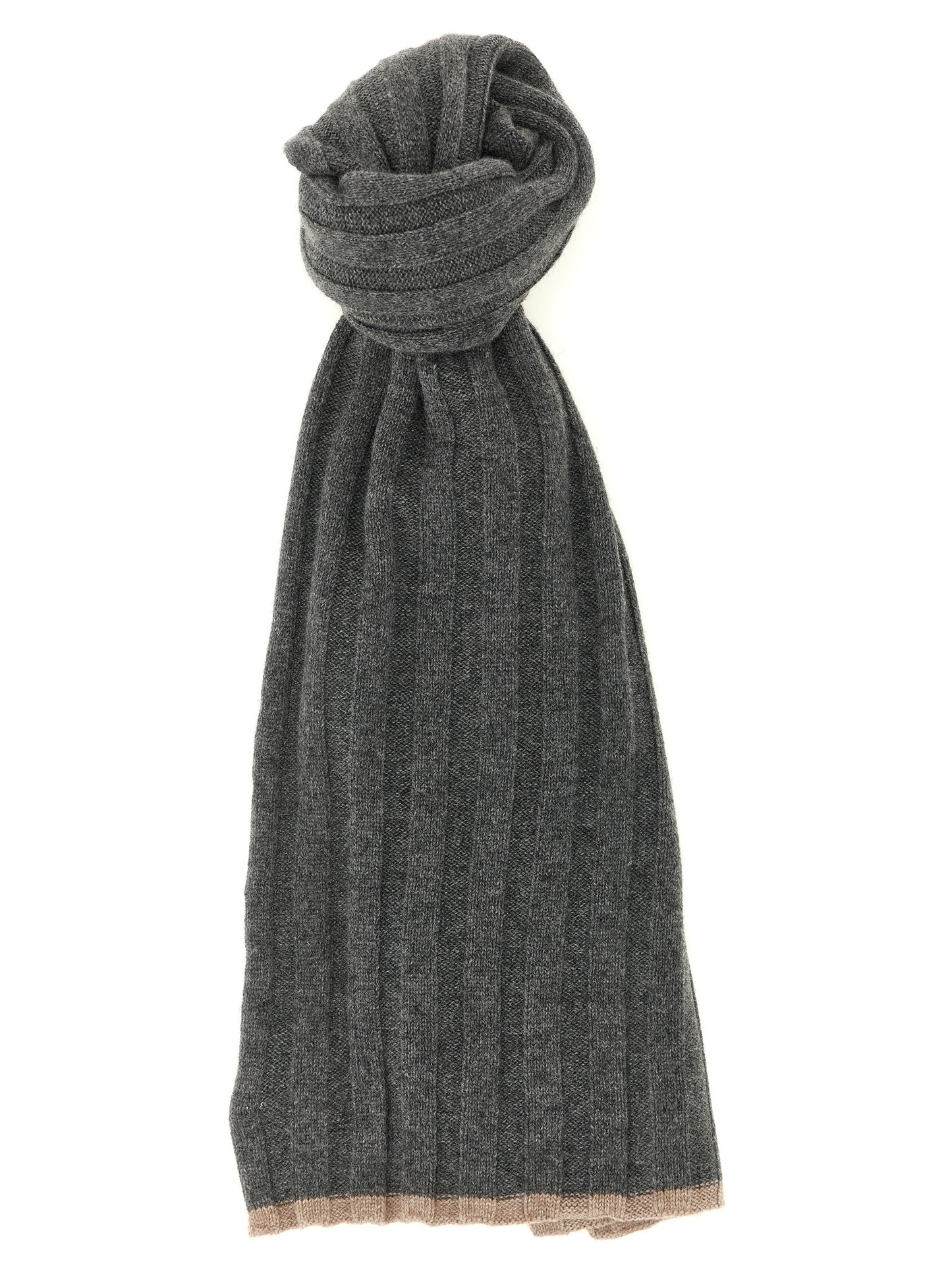 Scarf by Brunello Cucinelli for men in cashmere gray & hazelnut showcases a warm silhouette from the Cashmere Shawl Scarf collection, offering a warm drape that exudes sophisticated luxury.