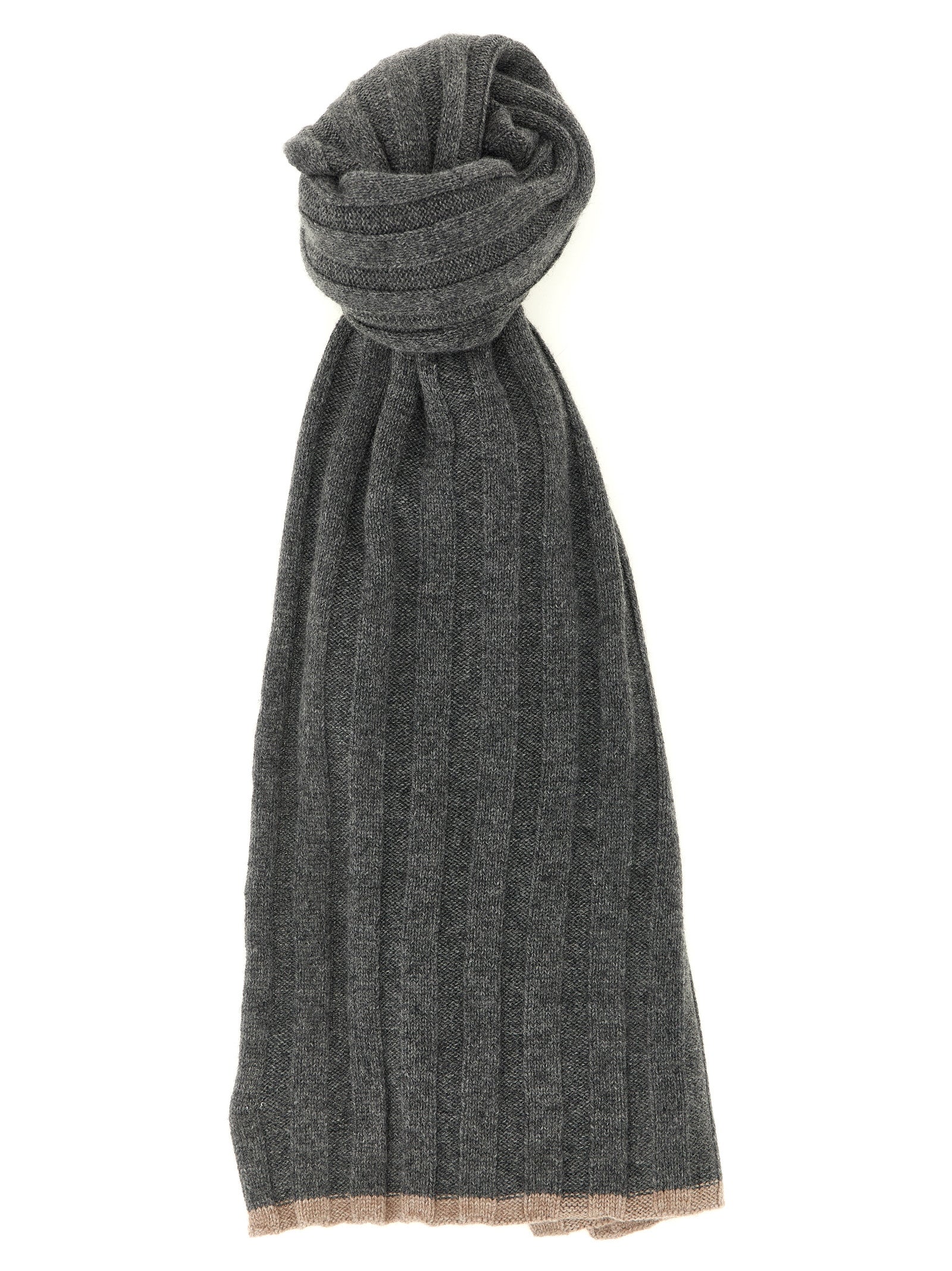 Scarf by Brunello Cucinelli for men in cashmere gray & hazelnut showcases a warm silhouette from the Cashmere Shawl Scarf collection, offering a warm drape that exudes sophisticated luxury.