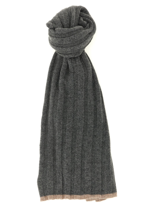 Scarf by Brunello Cucinelli for men in cashmere gray & hazelnut showcases a warm silhouette from the Cashmere Shawl Scarf collection, offering a warm drape that exudes sophisticated luxury.
