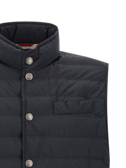 Vest by Brunello Cucinelli for men in polyester & nylon dark-blue features an contemporary silhouette, showcasing refined pockets & insulated and a contemporary for a sophisticated layered look.