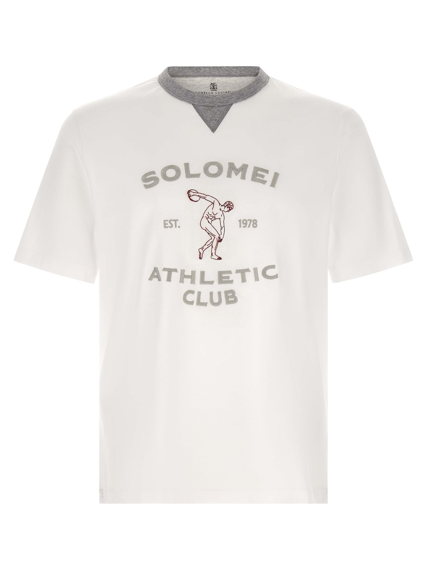 T-Shirt by Brunello Cucinelli for men in cotton gray, white & print features a plush silhouette, showcasing a sophisticated crew neckline and short-sleeve for a truly plush finish.