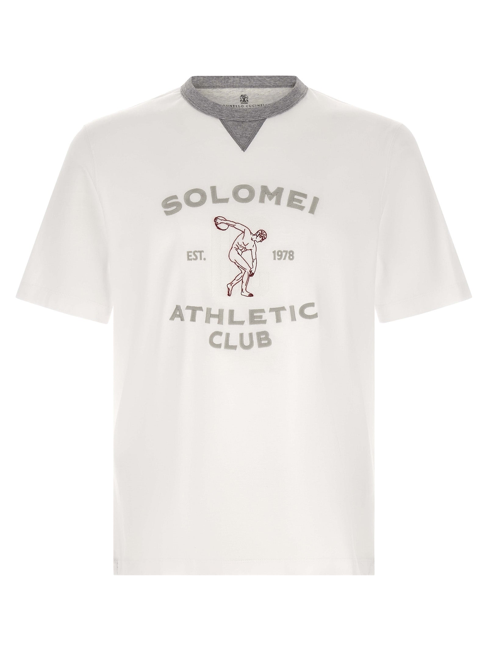 T-Shirt by Brunello Cucinelli for men in cotton gray, white & print features a plush silhouette, showcasing a sophisticated crew neckline and short-sleeve for a truly plush finish.