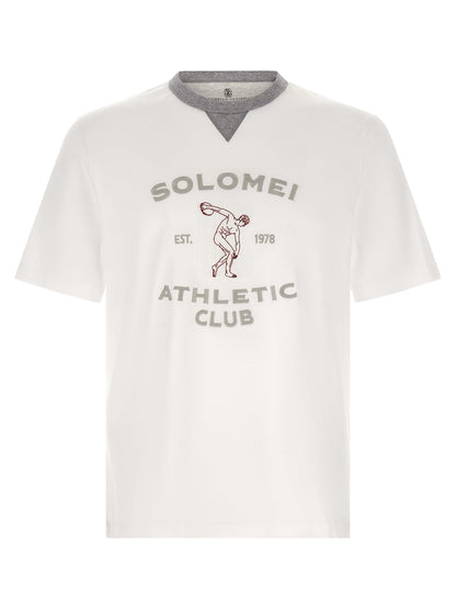 T-Shirt by Brunello Cucinelli for men in cotton gray, white & print features a plush silhouette, showcasing a sophisticated crew neckline and short-sleeve for a truly plush finish.