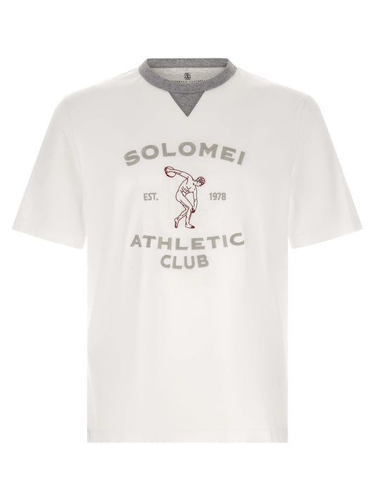 T-Shirt by Brunello Cucinelli for men in cotton gray, white & print features a plush silhouette, showcasing a sophisticated crew neckline and short-sleeve for a truly plush finish.