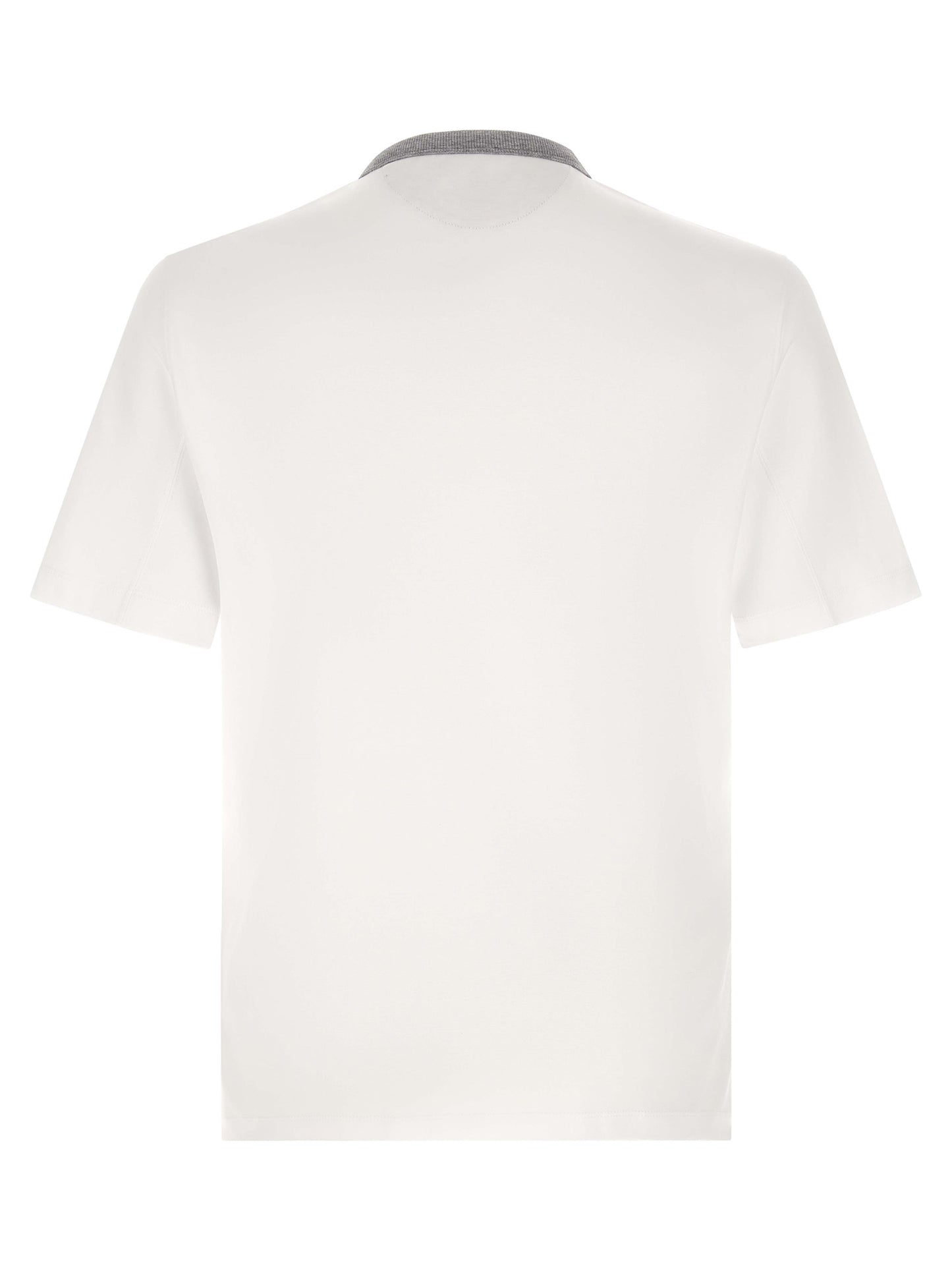 T-Shirt by Brunello Cucinelli for men in cotton gray, white & print showcases a fashionable silhouette, elegantly detailed with a fashionable and crew neckline for a sophisticated, high-fashion look.