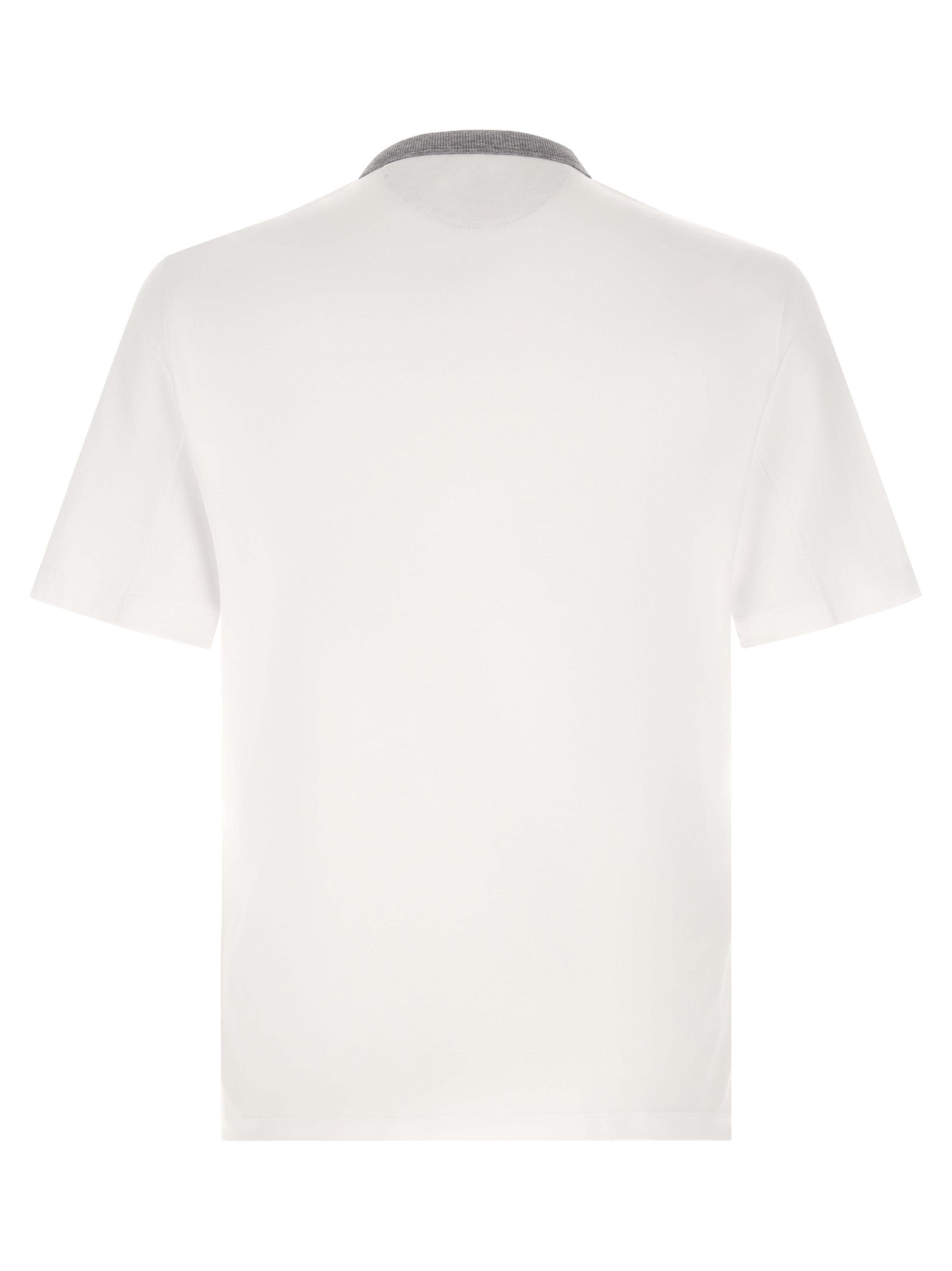 T-Shirt by Brunello Cucinelli for men in cotton gray, white & print showcases a fashionable silhouette, elegantly detailed with a fashionable and crew neckline for a sophisticated, high-fashion look.