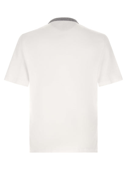 T-Shirt by Brunello Cucinelli for men in cotton gray, white & print showcases a fashionable silhouette, elegantly detailed with a fashionable and crew neckline for a sophisticated, high-fashion look.