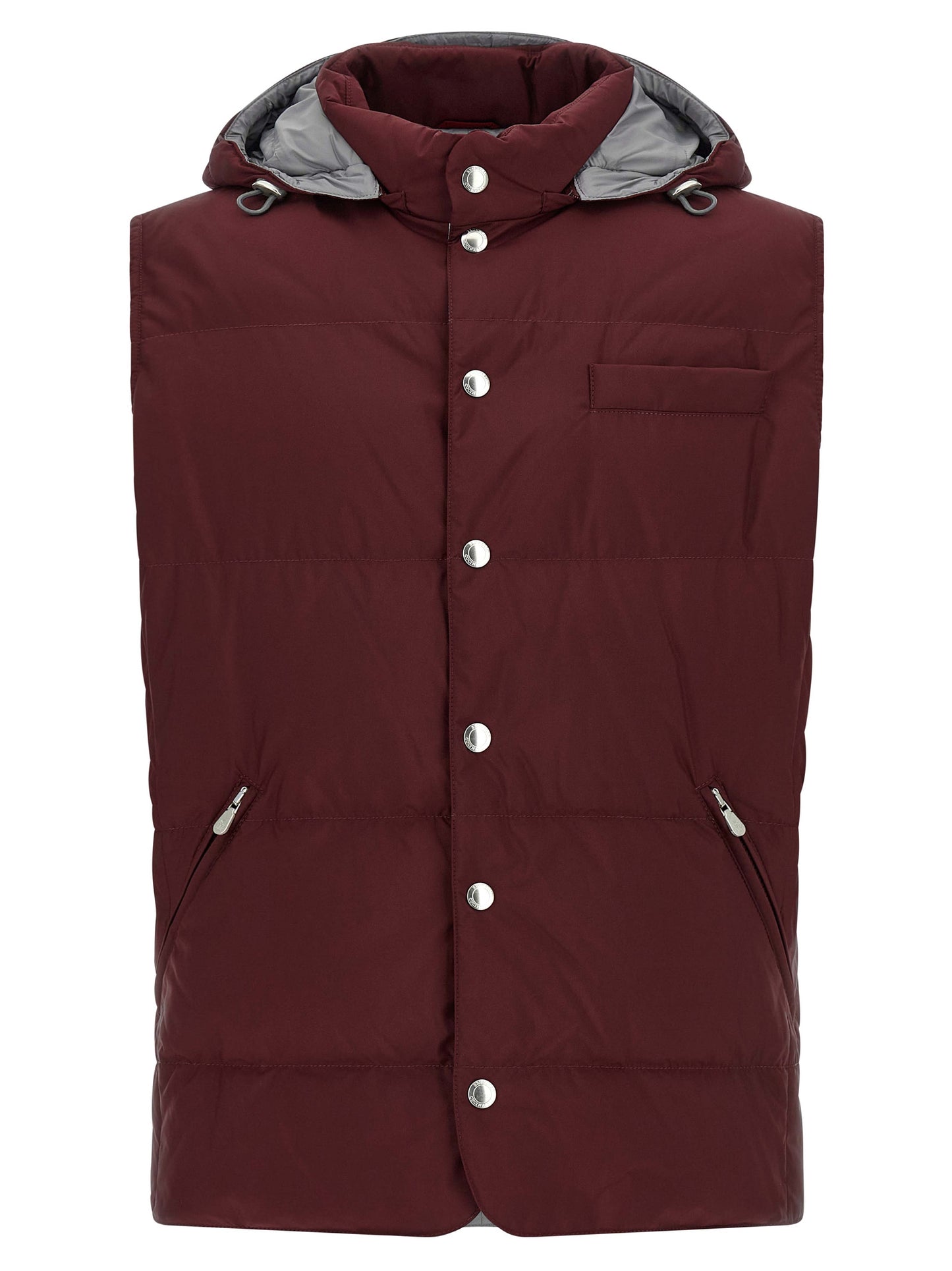 Hooded Vest by Brunello Cucinelli for men in polyester bordeaux, burgundy & silver showcases a utilitarian silhouette, artfully incorporating pockets, hooded & insulated and a utilitarian hooded high-neck neckline for a truly utilitarian finish.