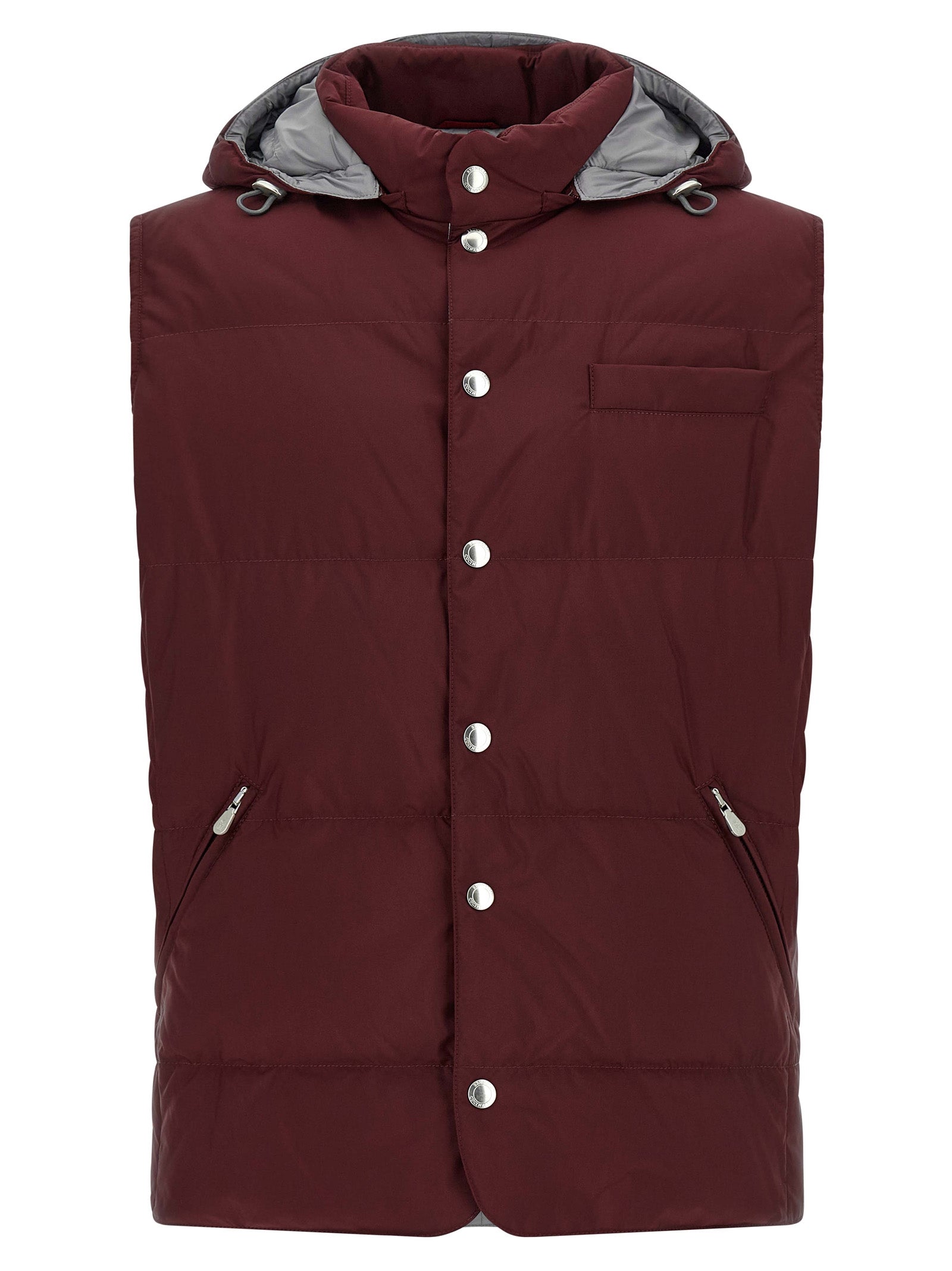 Hooded Vest by Brunello Cucinelli for men in polyester bordeaux, burgundy & silver showcases a utilitarian silhouette, artfully incorporating pockets, hooded & insulated and a utilitarian hooded high-neck neckline for a truly utilitarian finish.