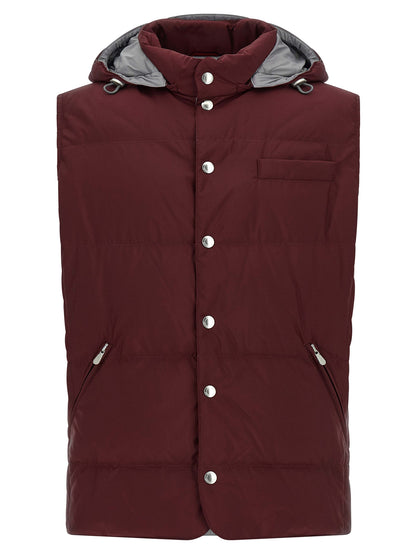 Hooded Vest by Brunello Cucinelli for men in polyester bordeaux, burgundy & silver showcases a utilitarian silhouette, artfully incorporating pockets, hooded & insulated and a utilitarian hooded high-neck neckline for a truly utilitarian finish.