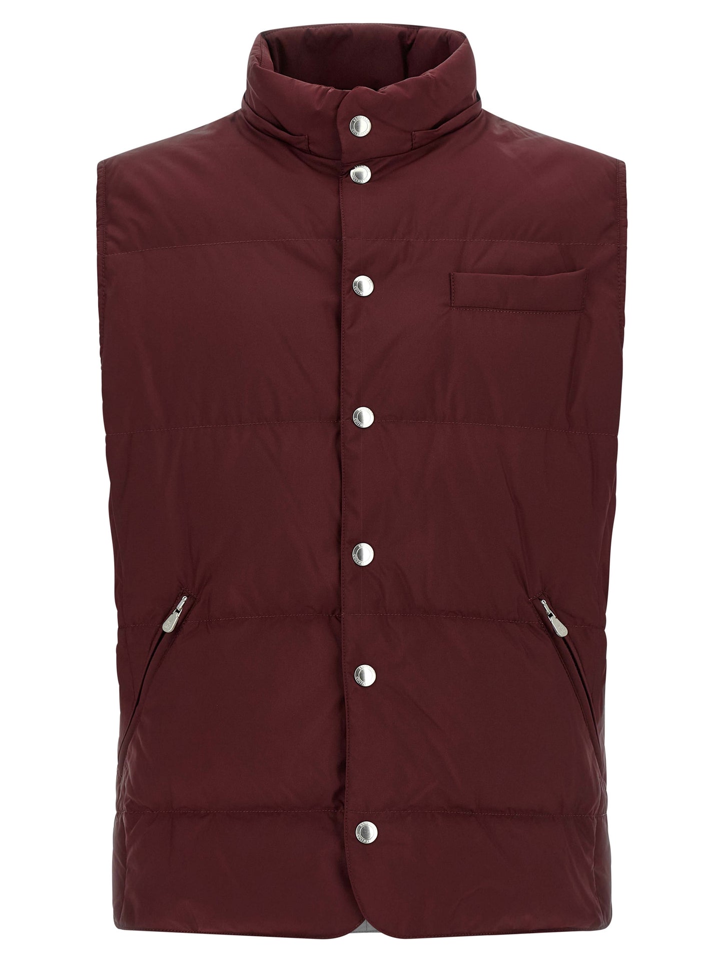Hooded Vest by Brunello Cucinelli for men in polyester bordeaux, burgundy & silver features a stylish silhouette, showcasing distinct pockets, hooded & insulated and a refined hooded high-neck neckline for a truly stylish finish.