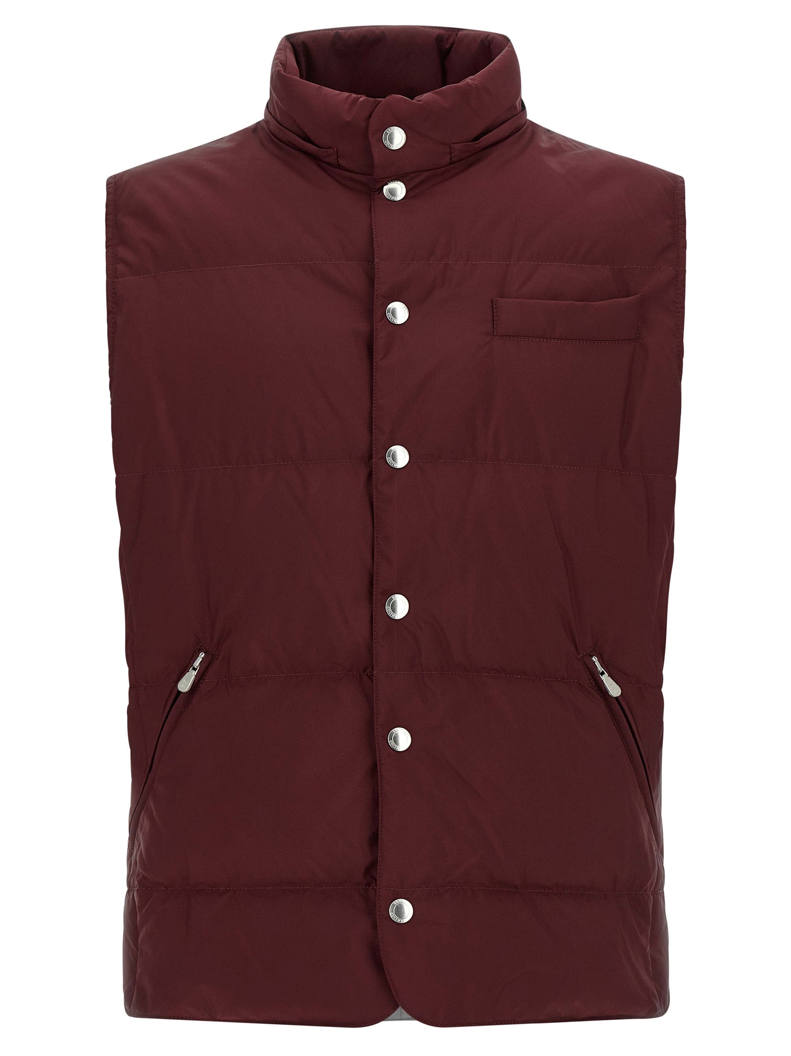 Hooded Vest by Brunello Cucinelli for men in polyester bordeaux, burgundy & silver features a stylish silhouette, showcasing distinct pockets, hooded & insulated and a refined hooded high-neck neckline for a truly stylish finish.
