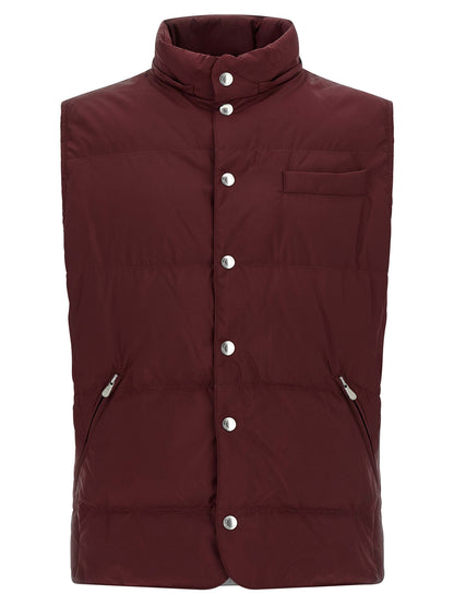 Hooded Vest by Brunello Cucinelli for men in polyester bordeaux, burgundy & silver features a stylish silhouette, showcasing distinct pockets, hooded & insulated and a refined hooded high-neck neckline for a truly stylish finish.