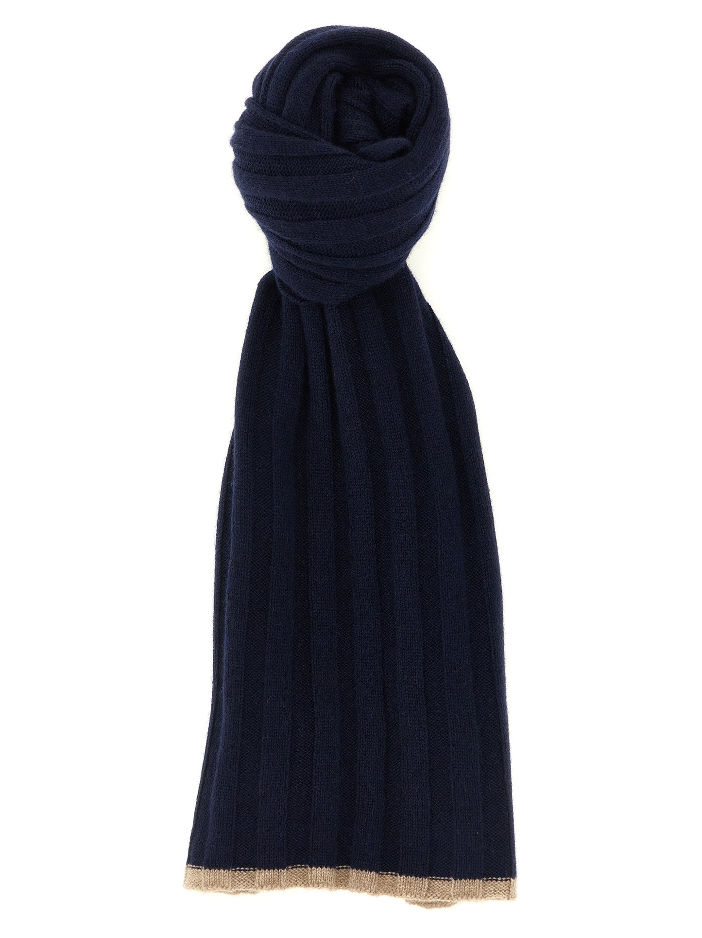 Scarf by Brunello Cucinelli for men in cashmere camel & navy features a snug silhouette, perfectly showcasing the elegant drape and premium finish of the Cashmere Shawl Scarf.