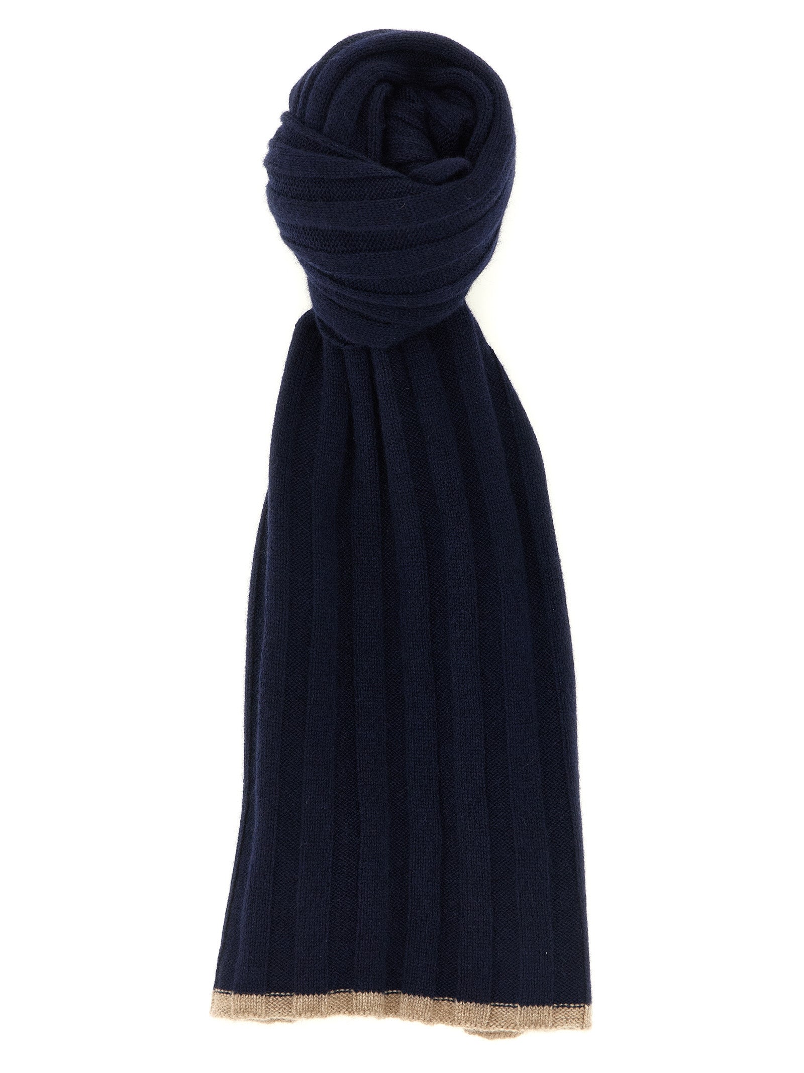Scarf by Brunello Cucinelli for men in cashmere camel & navy features a snug silhouette, perfectly showcasing the elegant drape and premium finish of the Cashmere Shawl Scarf.