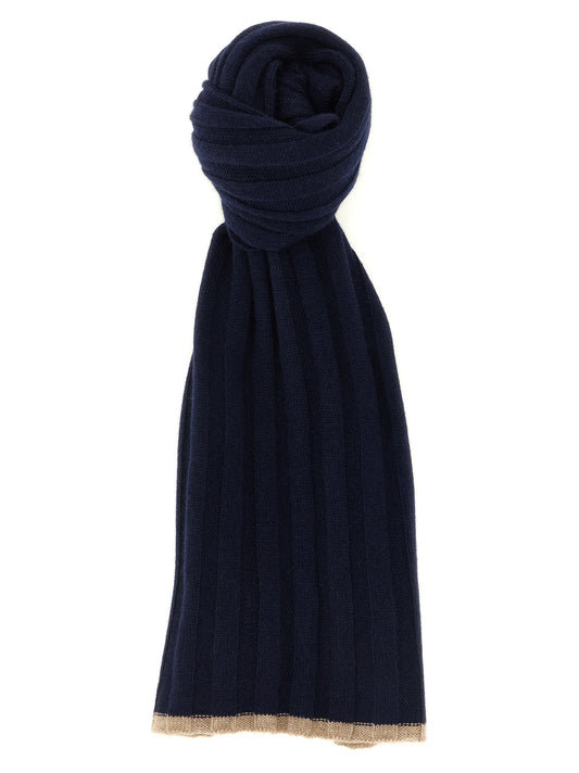 Scarf by Brunello Cucinelli for men in cashmere camel & navy features a snug silhouette, perfectly showcasing the elegant drape and premium finish of the Cashmere Shawl Scarf.