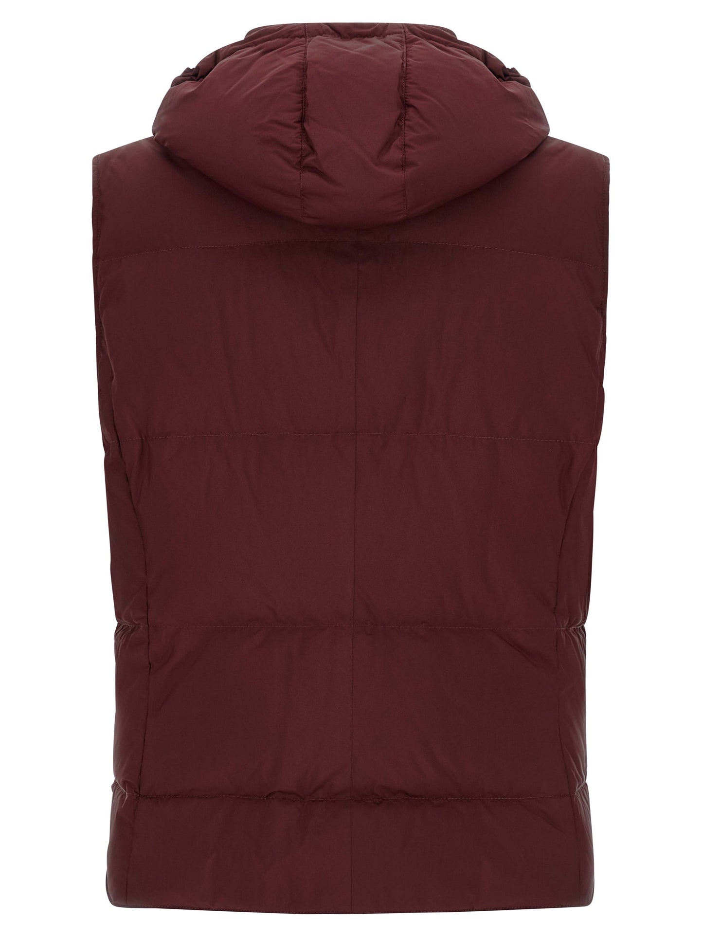Hooded Vest by Brunello Cucinelli for men in polyester bordeaux, burgundy & silver features an contemporary silhouette, showcasing refined pockets, hooded & insulated and a contemporary hooded high-neck neckline for a sophisticated layered look.