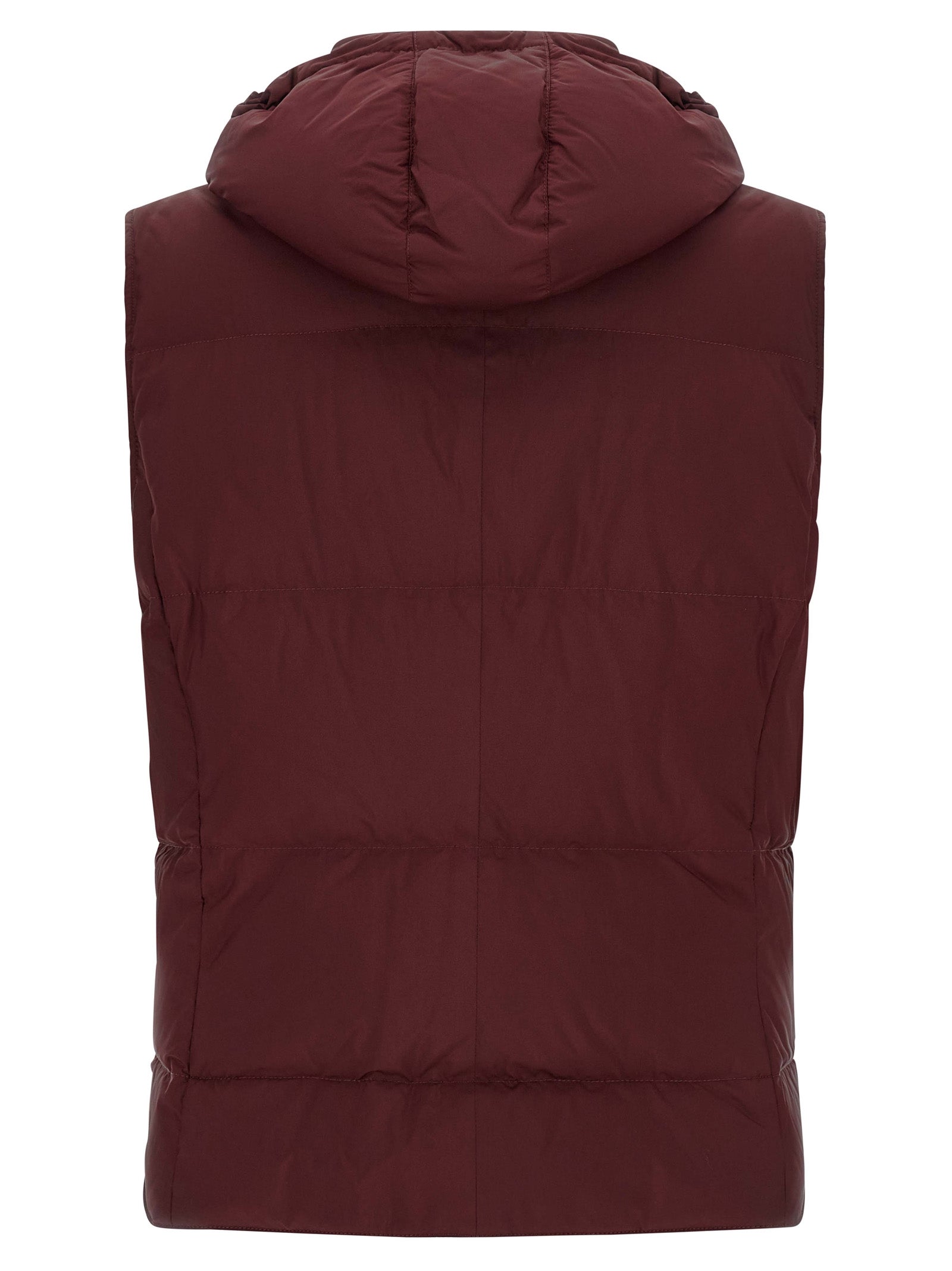 Hooded Vest by Brunello Cucinelli for men in polyester bordeaux, burgundy & silver features an contemporary silhouette, showcasing refined pockets, hooded & insulated and a contemporary hooded high-neck neckline for a sophisticated layered look.