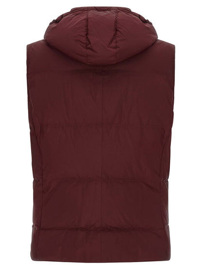 Hooded Vest by Brunello Cucinelli for men in polyester bordeaux, burgundy & silver features an contemporary silhouette, showcasing refined pockets, hooded & insulated and a contemporary hooded high-neck neckline for a sophisticated layered look.