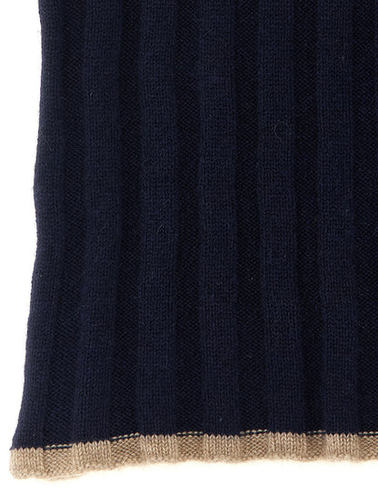 Scarf by Brunello Cucinelli for men in cashmere camel & navy showcases a on trend silhouette, artfully capturing the on trend essence of the Cashmere Shawl Scarf design with a sophisticated finish.