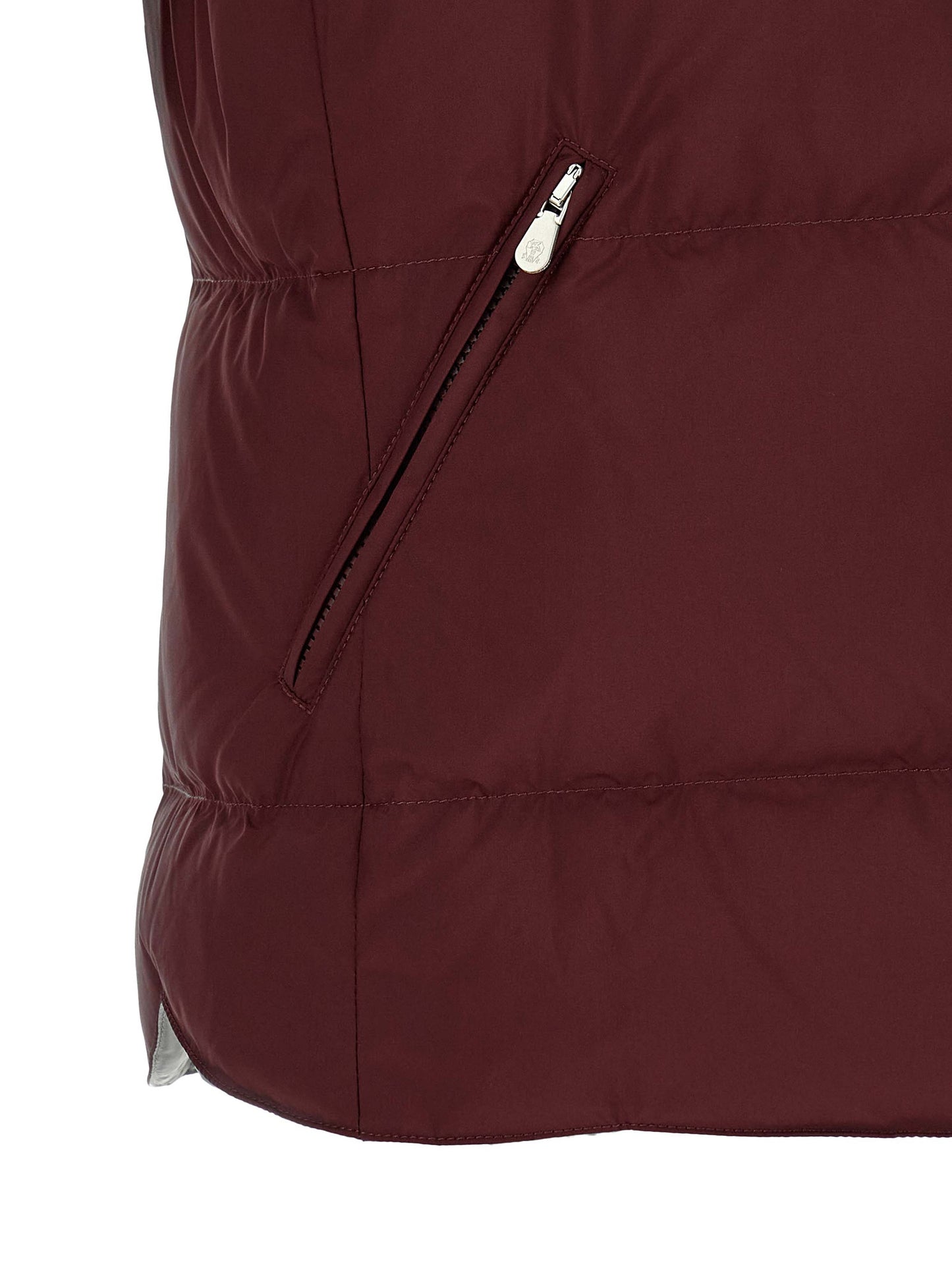 Hooded Vest by Brunello Cucinelli for men in polyester bordeaux, burgundy & silver showcases a dynamic silhouette, perfectly balancing pockets, hooded & insulated with a dynamic for a sophisticated, high-fashion look.