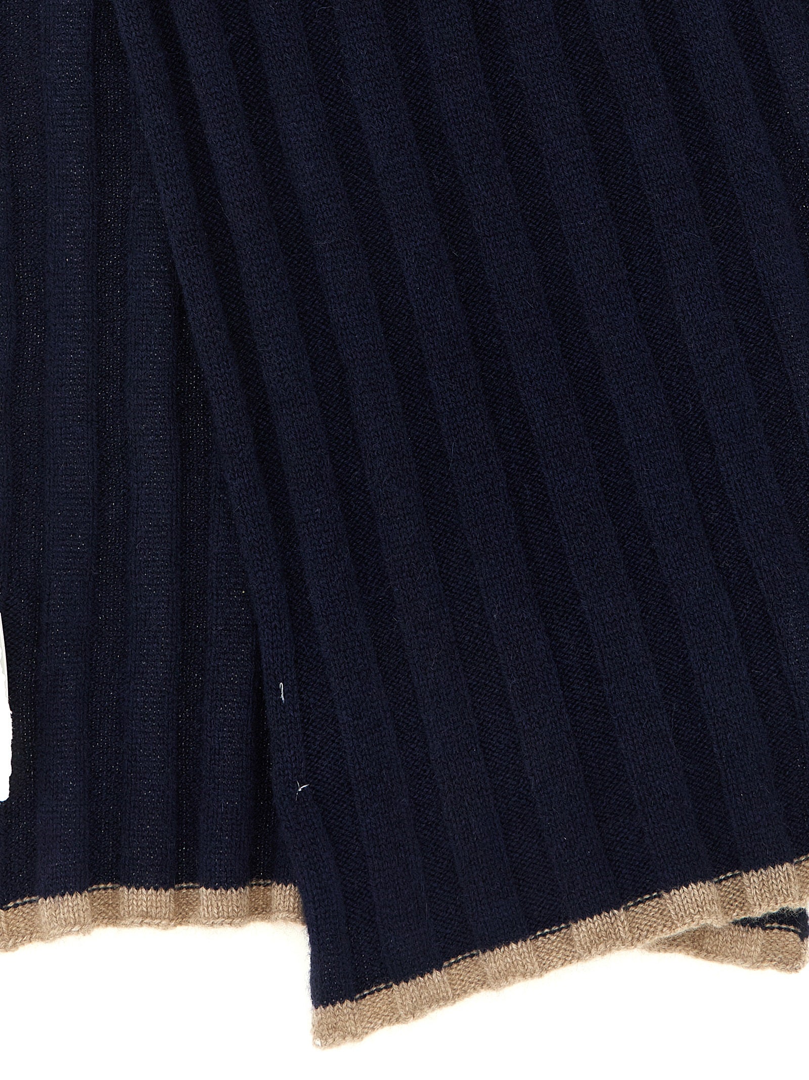 Scarf by Brunello Cucinelli for men in cashmere camel & navy features a timeless silhouette, artfully capturing the essence of the timeless Cashmere Shawl Scarf design for a sophisticated look.