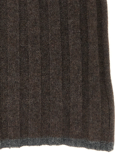 Scarf by Brunello Cucinelli for men in cashmere brown & gray presents a effortlessly chic silhouette, artfully capturing the essence of the effortlessly chic Cashmere Shawl Wrap Scarf design for a sophisticated look.